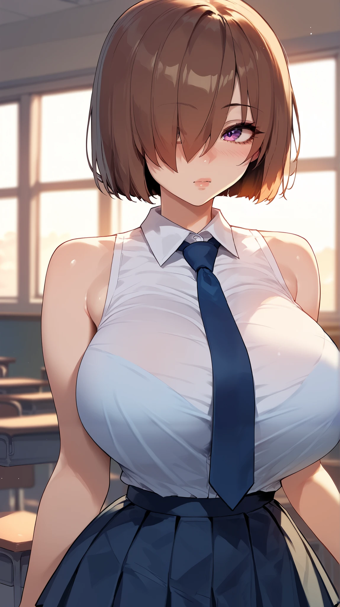 Mash Kyrielight , brown hair , hair over one eye, big eyes , large breasts , sleeveless dress shirt, blue tie , huge breasts, classroom, sunset, bare shoulders, petite, pleated miniskirt