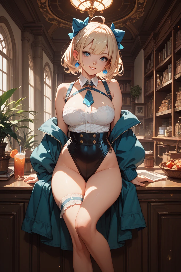 glow,masterpiece, beautiful, 4K, best quality, oil painting portrait style, cute face, big breasts, blonde,round frame glasses,pointed ears, pantyhose,whole body,swimsuit,Open gear,sit on the chair