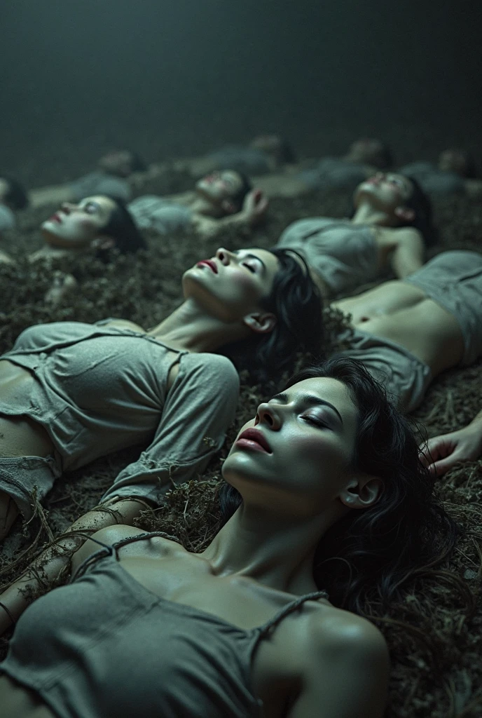 Quick cuts of lifeless bodies, eyes wide open, mouths agape in horror.
