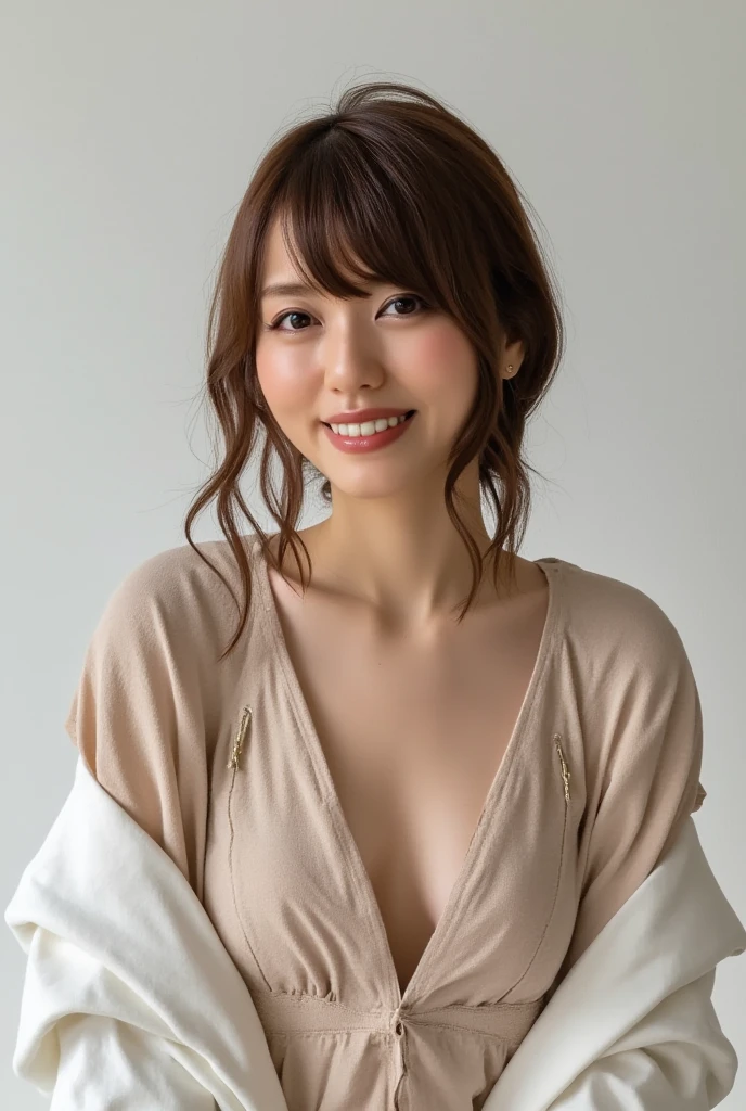 (Highest quality, 8K, 32k, masterpiece, Ultra-high resolution:1.2),Beautiful Japanese Women Photos, Rainbow clothes、Rainbow hoodie、Large Breasts, Very short bob hair,Red hair, necklace, Simple Background, From above, View your viewers,Red Hair、White background、peace sign、Pause.Colorful clothes、White background