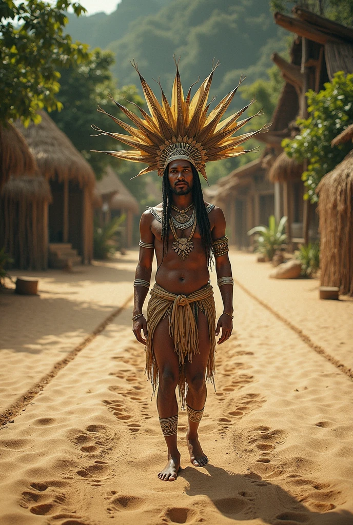 strong young indigenous man stands in a dense tropical forest surrounded by plants. He wears an elaborate headdress made of white feathers. The expression on his face is serene and wise, reflecting his deep connection with nature and ancestral spirits. Sunlight penetrates the treetops, creating a play of shadows and lights around you. smooth face, no beard