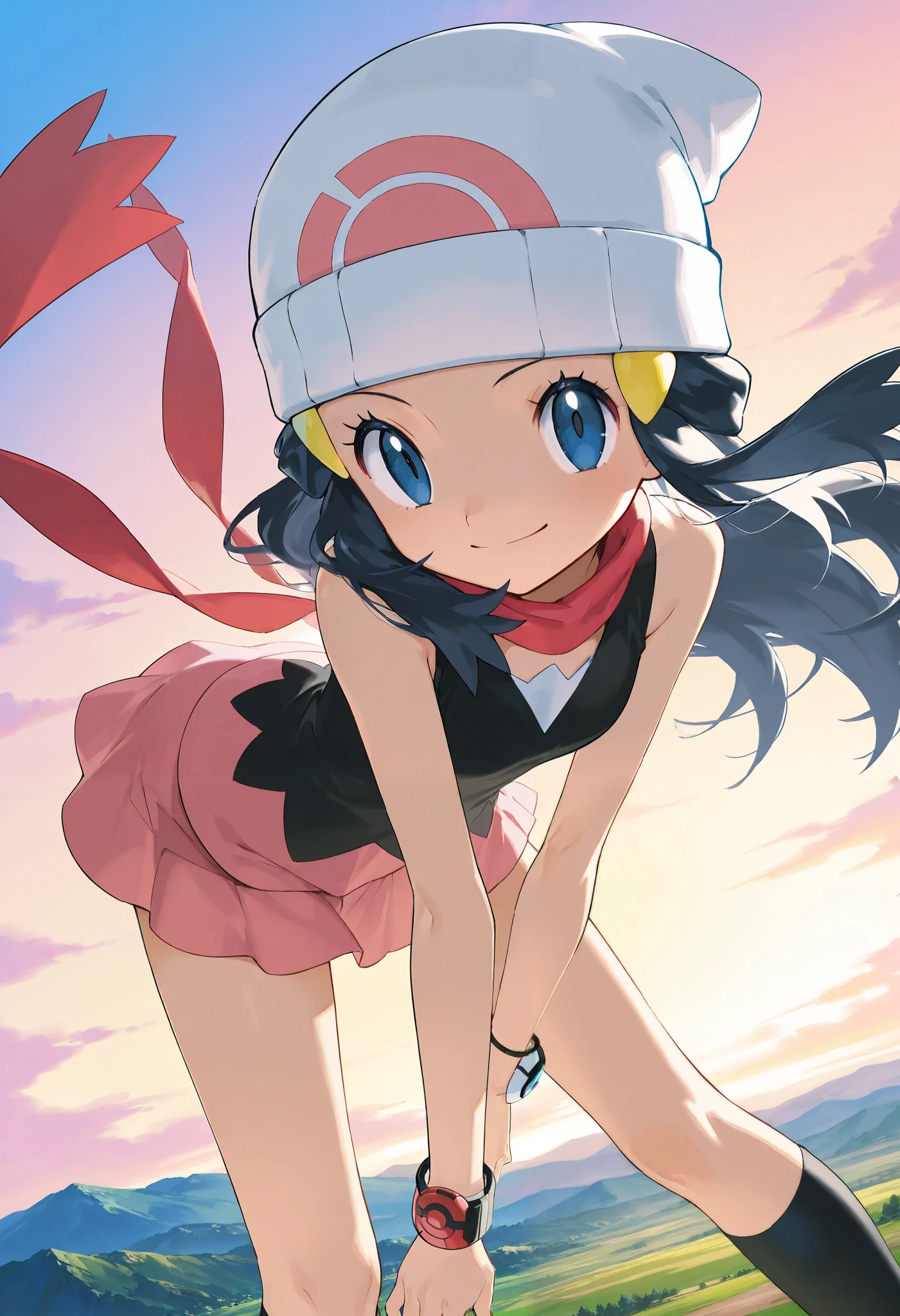 score_9, score_8_up, score_7_up, source_anime, pokemondawn, pokemon dawn, black hair, blue eyes, sidelocks, long hair,, bare shoulders, beanie, black shirt, black socks, bracelet, hat, jewelry, kneehighs, miniskirt, pink skirt, red scarf, scarf, shirt, skirt, sleeveless, sleeveless shirt, white headwear,, landscape, bent over, smile, looking at viewer, solo, cowboy shot, dutch angle