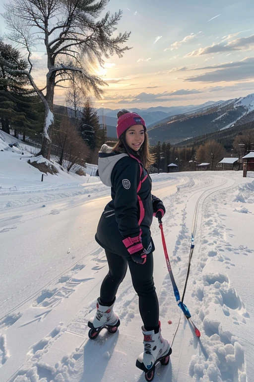 photography of a 20yo woman, perfect face, fully dressed, use the same face, masterpiece, same face, on the skiing track, think skiing clothing, smiling, sitting in the snow