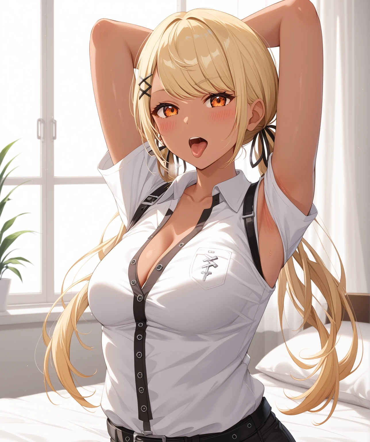 Cute Japanese Girls　shirt　Blonde　Lively impressions　Dance Club　uniform　Wrap a cardigan around your waist　hairpin　Long Hair　Unbuttoned