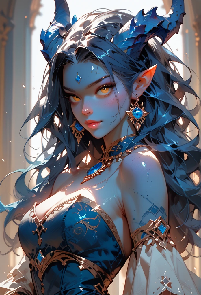 a woman with blue hair and a teal ballroom dress is standing, style artgerm, trending artgerm, artgerm lau, artgerm style, style of artgerm, as seen on artgerm, artgerm and rossdraws, extremely detailed artgerm, like artgerm, artgerm art, blue sea-elf, full body, Blue skin