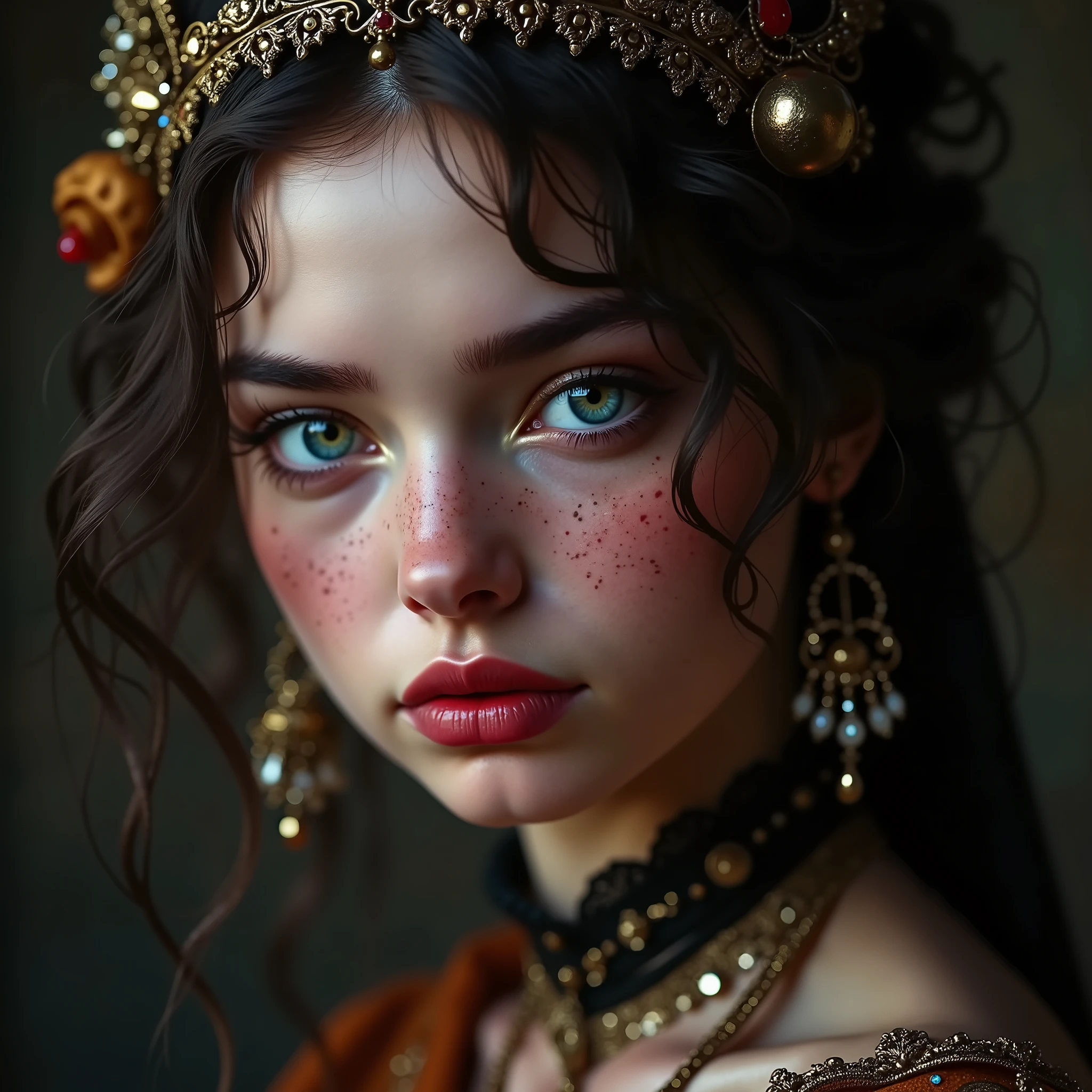 ((RAW Photo), Absurds, (Absurd Resolution)), ((Hyperrealism, Photorealistic)), (AI Reality), (A painting of a Renaissance woman drawn with AI Hyperrealism), freckled, (light eyes), (Renaissance mythological outfit), ((Mythological theme, exceptional beauty)). (Photographic Perspective)). «SunPuma S»