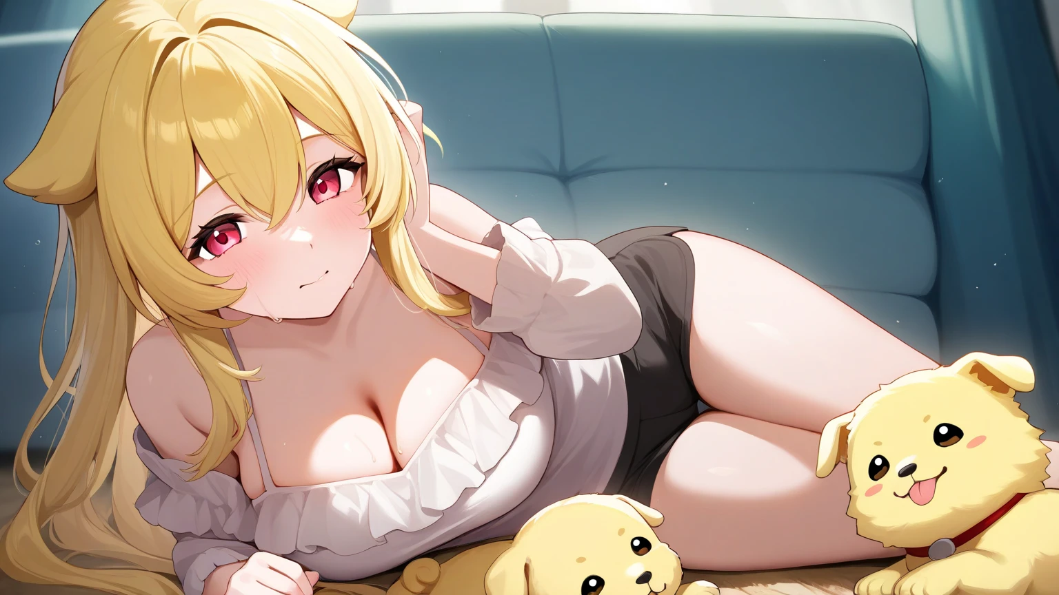 mio, 1girl, solo, breasts, blonde hair, multicolored hair, red eyes,large breasts, cleavage, shorts, long hair, thighhighs, brown shorts, camisole, shirt, smile, ribbon, indoors, bedroom, gaming_chair, chubby