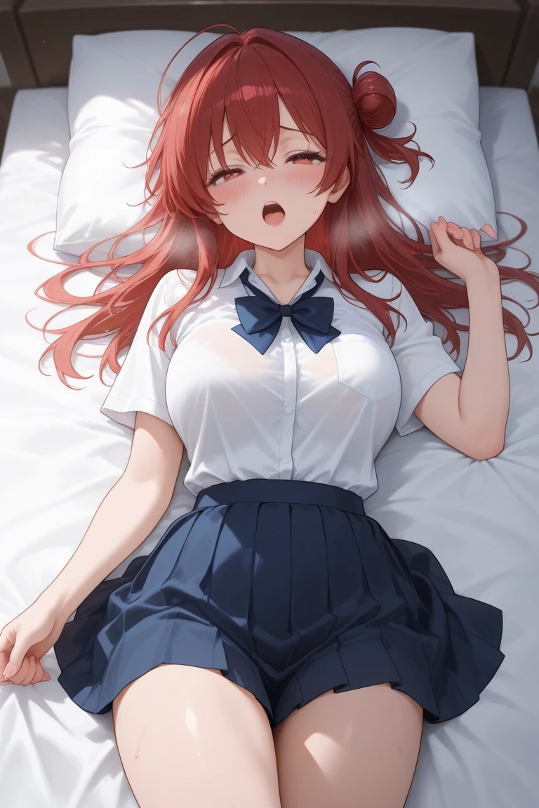 (masterpiece, best quality:1.5), (ultra detailed, high resolution, 8k, beautiful detailed, UHD, best anatomy), red hair, small breasts, 1 junior high school girl, barefoot, bed room, night,  flared skirt, short-sleeve  shirt, Red thin tie, closed eyes, put one's head on a pillow, Lying on the bed, side angle