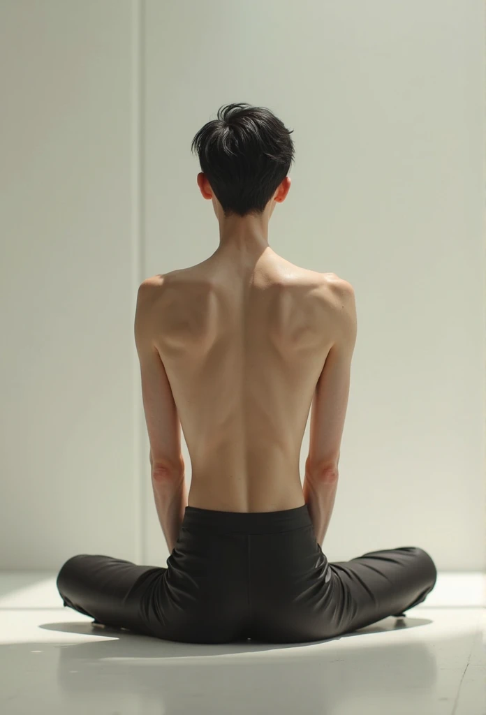 From upper camera angle ,
Hyper realistic, Arafed 25 Korean  man, white skin, muscular body, sitting on wooden floor of living room with black cloth background. Legs are wide open in a cross legs with big dick highlighted from full gray .  hands are also wide open taking support from floor , black eyes. 