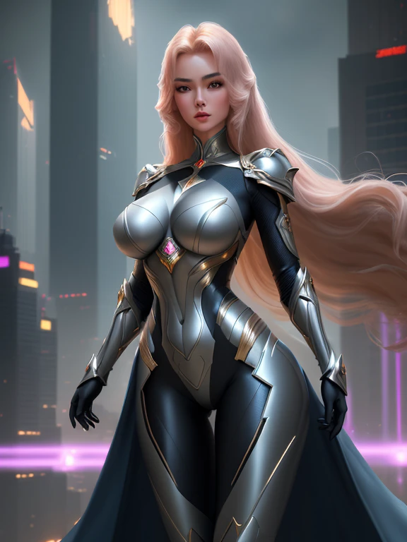 (masterpiece), best quality, expressive eyes, perfect face, beautiful details face, beautiful round eyes, full body, A beautiful mature woman in cyber armour suit shows her Extremely busty and attractive breasts, (arrogant face), (platinum pink hair), (bob cut, streaked hair, expressive hair, shiny hair, glowing hair, multicolored hair, gradient hair, colored inner hair, straight hair, medium long hair), fair skin, (beautiful detailed full bodysuit:1.3), (full body cyber armour), glowing and shining armour, silver and blue cyber armour, (cybernetic wings:1.0, Gigantic mechanical wing:1.2), (Edge lights:1.3), (silver and orange colour scheme:1.3), neon light on armor, beautiful details eyes, (light green eyes:1.3), (glowing eyes:1.2), (Gigantic saggy breasts:1.3), tight breasts, thick body, (well accentuated curves), pink lips, (silver nails), mascara, Long eyelashes, eyeliners, (Extremely wide well defined hips:1.3), (beautiful massive thick thighs:1.3), slender figure, (Extremely detailed skin texture:1.2), beautiful detailed realistic muscle definition, golden lights that shimmer, high detailed eyes, ultra-high quality model, proportionate, intense colouration fantasy, (background fantasy cyber city), pink and gold tetradic colours, earrings, (1girl), solo, cowboy shot, shine, glowing
