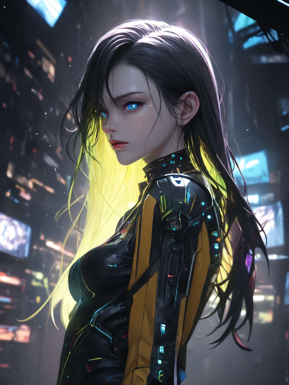 best quality, masterpiece, perfect face, beautiful and aesthetic, colorful, dynamic angle, highest detailed face deep shadows, dappled lighting, realistic, absurdres, intricate, <lora:more_details:.1>, <lora:epi_noiseoffset2:.8>, cinematic lighting female cyberpunk princess, dystopian neon tunnel background, nighttime short wavy black hair, tan skin, green left eye, cyber bionic right eye (simple Red cyber suit:1.4), small breasts, (yellow energy stripes:.8), red clothes, <lora:samus:.4>, (red zero suit:.7), data trail tattoo, mechanical parts, dynamic angle, (closed mouth:.7)
