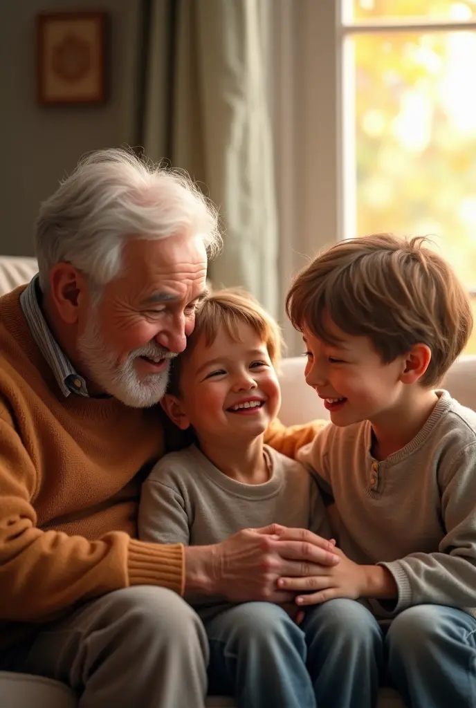 Grandparents and grandchildren sitting Photorealistic