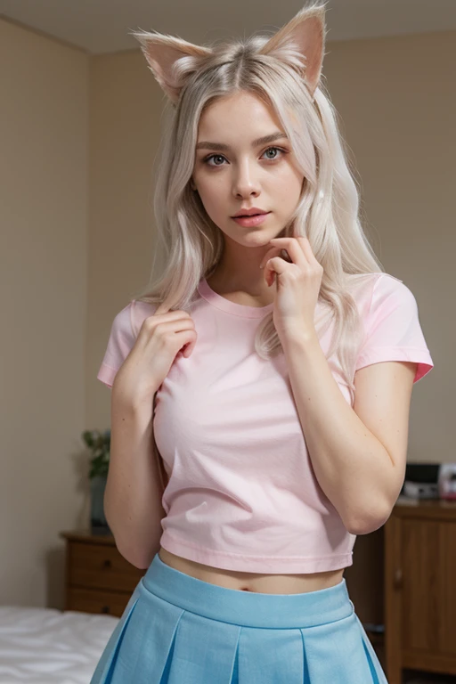 a instagram model wearing white tee shirt, sitting oh her bed, pink hairs, pink lips, young model, perfect figure, realistic photography
