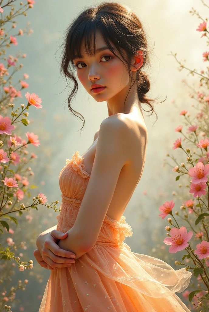 A ledy photo sit in a garden beck side photo realistic
