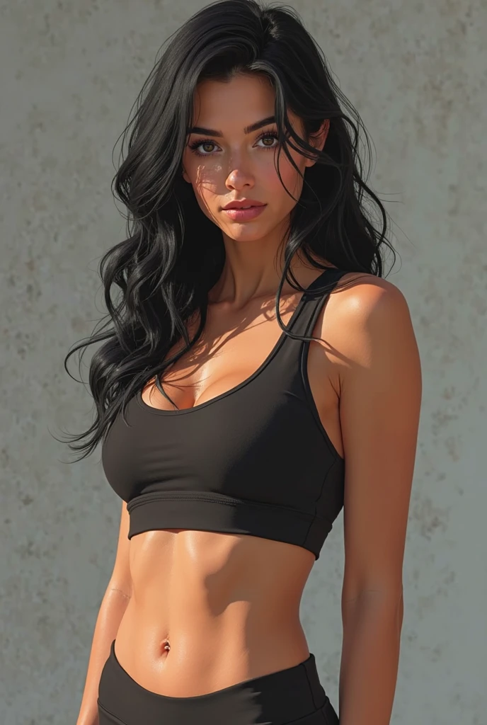 A girl with a tall head, hair is black. Skin is sunburned dark. And she has a black sweat crop top and leggings. Beautiful woman and in real life not cartoon