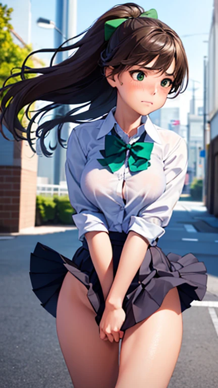 1girl, aster nemesis, dark-skinned female, black hair, very long hair, yellow eyes, flat chest , twin tails, looking at viewer, outdoors, city, night, smile, ,,,(nsfw),,,open mouth,tongue,white shirts,miniskirt,loose socks