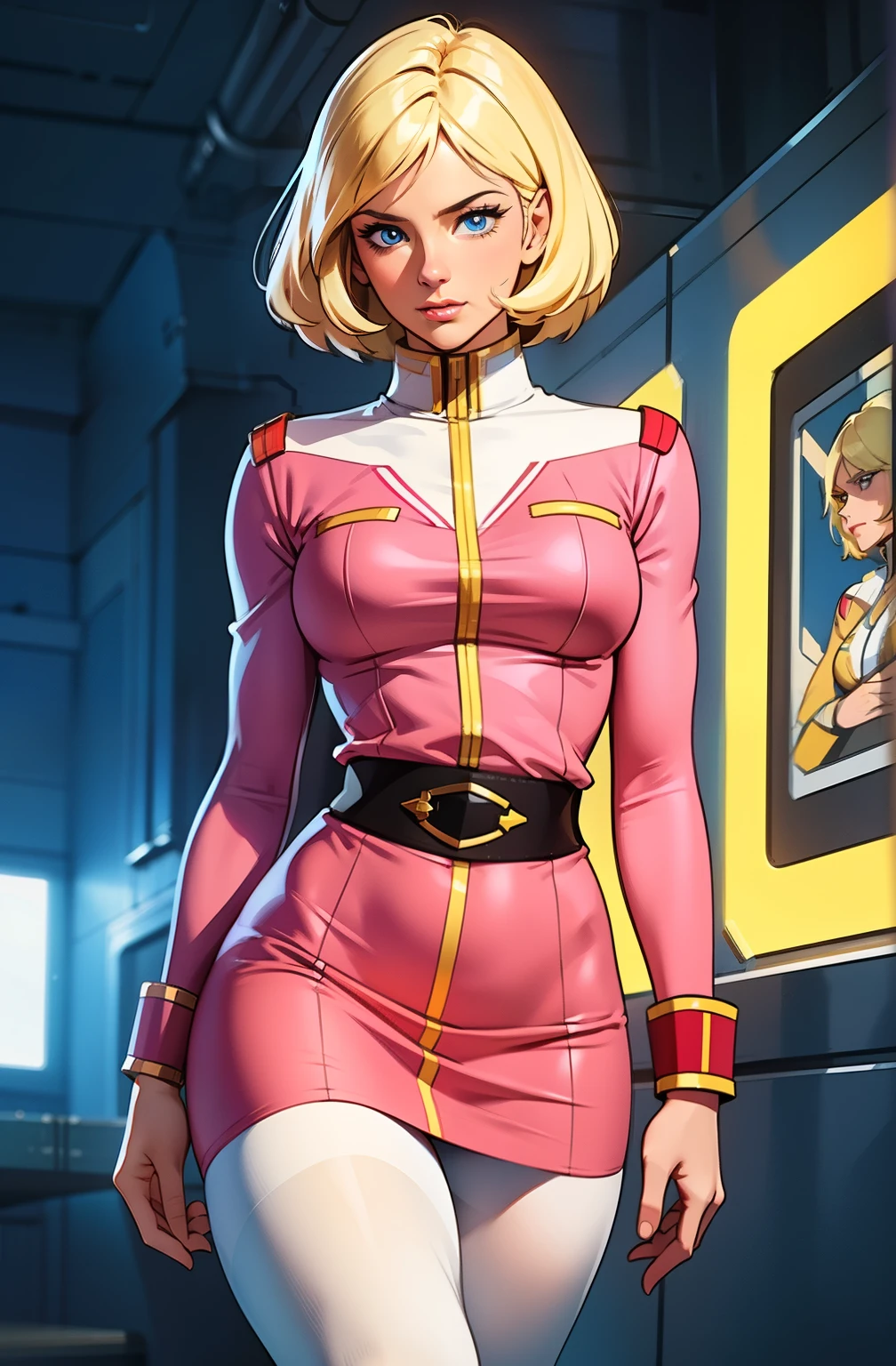 ((masterpiece)), ((cinematic lighting)), realistic photo、Real Images、Top image quality、1girl in, sayla mass, Elegant, masterpiece, Convoluted, slim arms, wide hips, thick thighs, thigh gaps, Best Quality, absurderes, high face detail, Perfect eyes, mature, Cowboy Shot, , Vibrant colors, soft pink uniform, soft pink Skirt, white tights, side view, looking at viewer