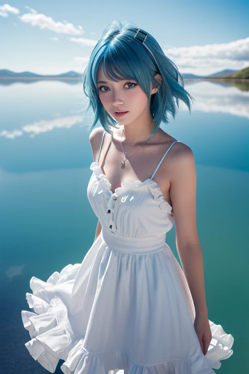 ((Rei Ayanami)from a(Neon Genesis Evangelion)), (Face the camera directly), (Immerse in water to ankle depth,), Realistic beautiful girl full body portrait, 13 years old, Fantastic face, In a sitting position, playing in the water, 8k resolution concept art portrait, Midsummer sky and Japan countryside, Cinematic, elegant organic framing, Reallife Human,