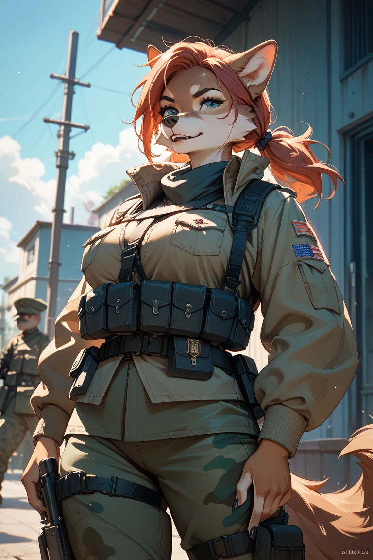 Girl, red hair, seen from upper, army cap, kinky side smile, green eyes, slightly diverging breasts, soft light, flat manga graphics, cell shading