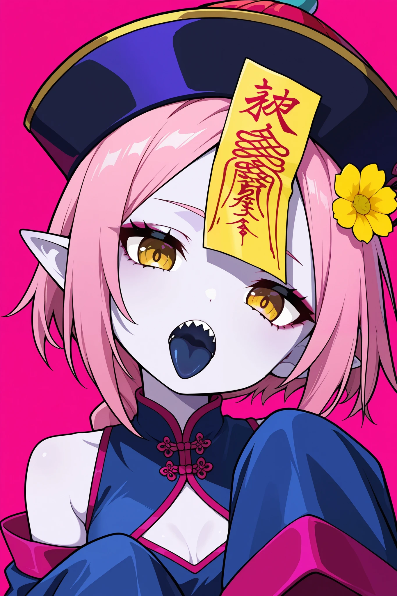 1girl, solo, highres, pink hair, spiked hair, middle parted bangs, low very long braided ponytail, pale purple skin, pointed ears, gold eyes, sharp teeth, jiangshi, qingdai guanmao, talisman, yellow flower hat accessory, (red chinese clothes with purple accents), small breasts, cleavage cutout, detached sleeves, sleeves past fingers, very long sleeves, head tilt, dark blue tongue, tongue out, big mouth, mouth open, emotionless, hands together, chibi, face portrait, face close-up, pink background