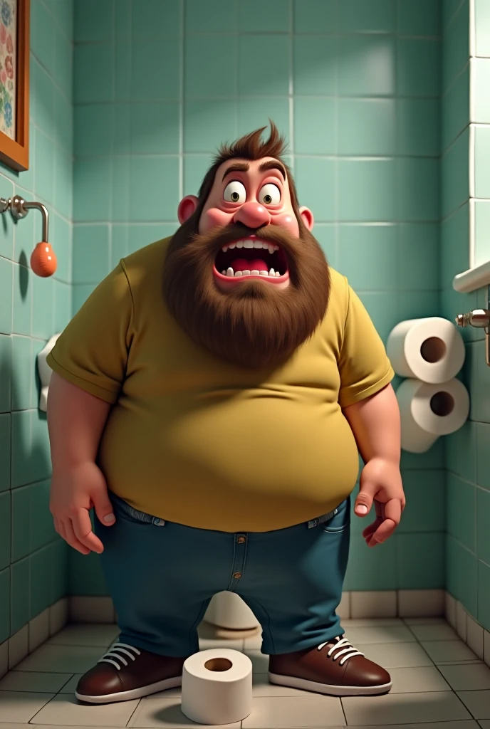 Kevin Chamberlin desperate to pee clutching tightly in his crotch, two others Debbie Ryan plumbing the toilet/A rear shot of Cameron Boyce peeing on the bathtub at the back of the body.