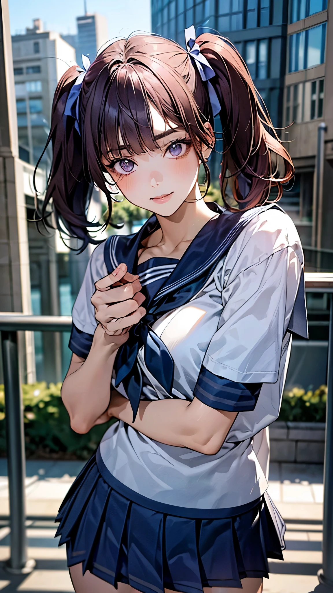 (jojo pose,jotaro pose), pointing, pointing at viewer, (masterpiece:1.3, top-quality, ultra high res, ultra detailed), (realistic, photorealistic:1.3), beautiful illustration, perfect lighting, natural lighting, colorful, depth of fields, 2025s, ,
beautiful detailed hair, beautiful detailed face, beautiful detailed eyes, (perfect anatomy, anatomically correct, super detailed skin), shiny skin,
looking at viewer, (face focus, upper body), 1 girl, high school girl, cute and symmetrical face, perfect face, perfect eyes, perfect body, perfect fingers, babyface, cute face:1.2, tiny,
(short hair, twin tails, violet hair), blunt bangs, grey eyes, drooping eyes, big eyes, long eye lasher, (medium breasts, seductive thighs), slender, skin dentation, violet hair ribbon,
(detailed cloth texture), break ((short sleeve sailor uniform, , navy blue sailor collar:1.2, navy blue pleated micro mini skirt)), break ((dark blue sailor scarf)), break
(beautiful scenery), spring/(seasons/), evening, detailed background, (cityscape:1.5), (jojo pose, giorno pose),