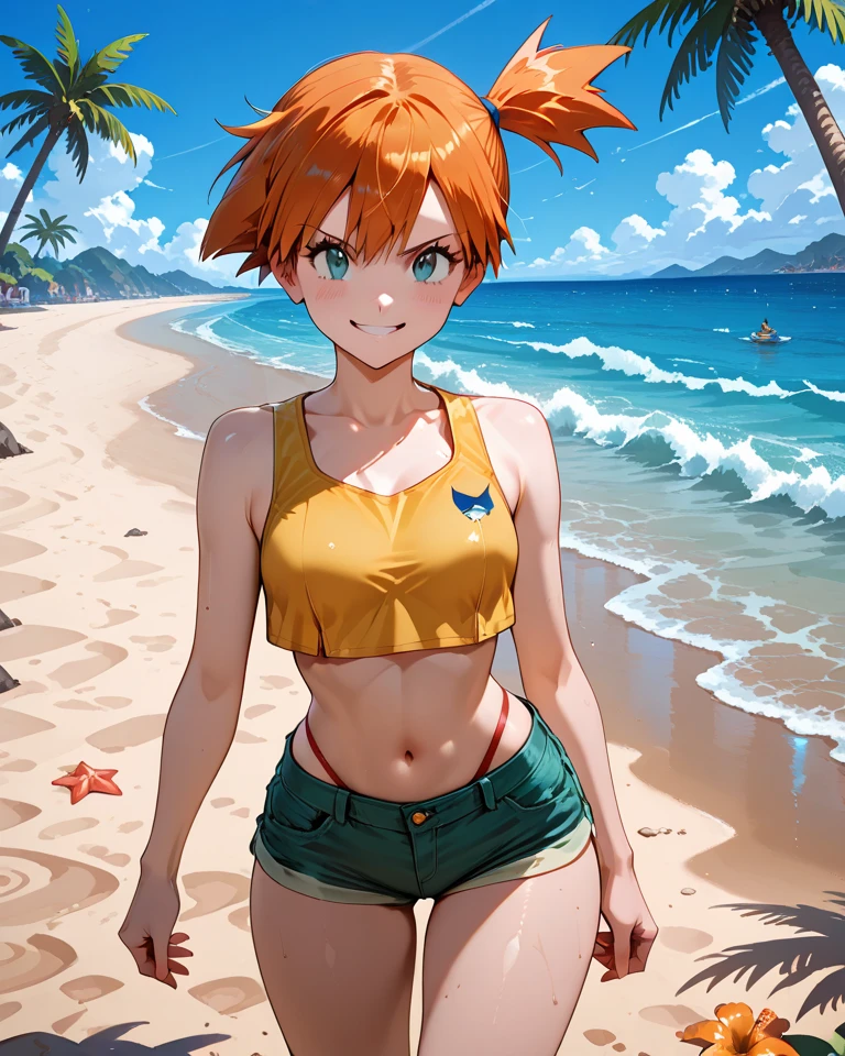 Yotsubanakano, Fourth floor Nakano, bangs, short hair, blue eyes, Hair between the eyes, Orange Hair, smile, Grin,Green T-shirt,Short sleeve,Yellow bikini swimsuit,barefoot,Wet swimsuit,Wet Skin,Wet Hair,whole bodyがイラストに入るように,
break outdoors,Ocean,Beach,
break looking at viewer,whole body, (Cowboy Shot:1.5),
break (masterpiece:1.2), Highest quality, High resolution, unity 8k wallpaper, (figure:0.8), (Beautiful attention to detail:1.6), Highly detailed face, Perfect lighting, Highly detailed CG, (Perfect hands, Perfect Anatomy),