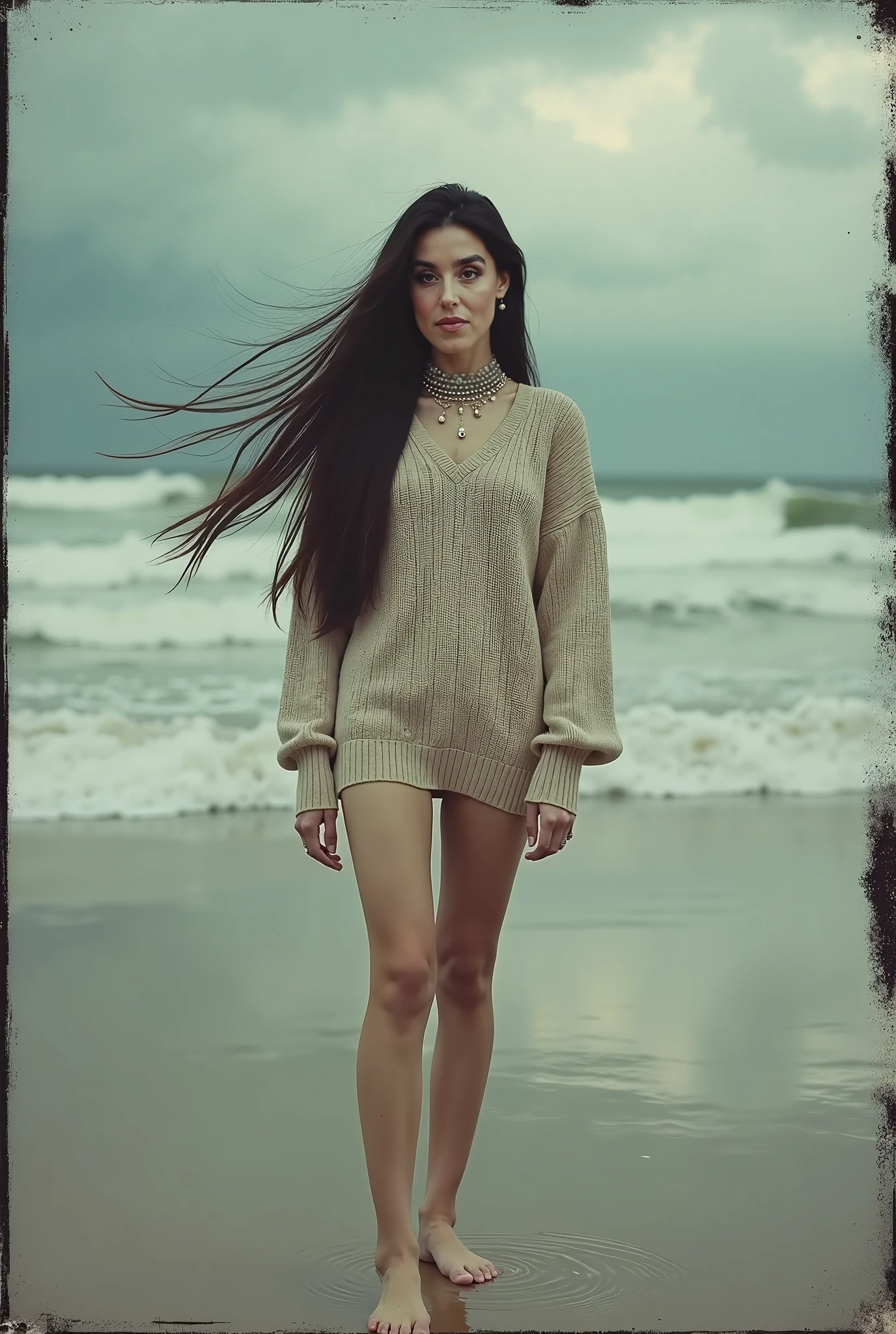 8K,raw,from below,1gril,solo,earrings,(full body:1.3),standing,long legs,sweater,Dark green scarf,sea,The glimmer of the sea,KODAK Ektar 100,(Film grain:1.2),light particles,looking at viewer,