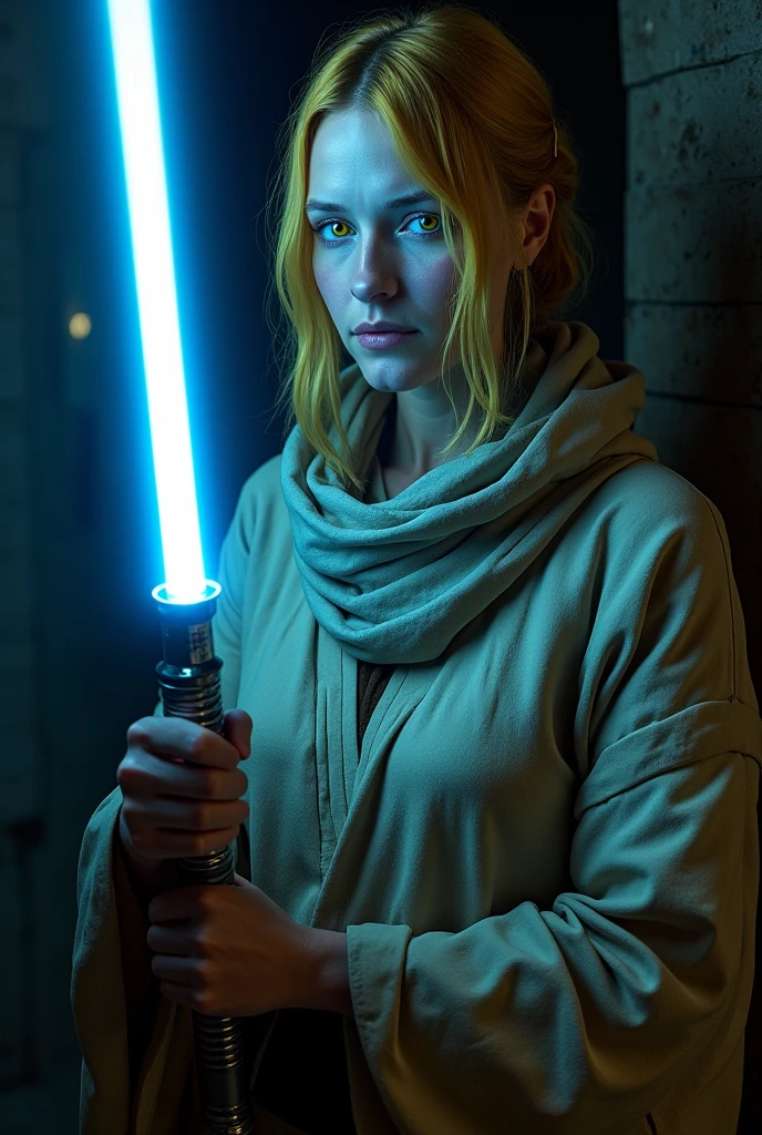 When a female orange-haired Jedi, dressed is sexy black pirate clothes, with an ice-blue energy sword begins to feel the pull of the dark side but fight against several dark enemies inside a futuristic jedi temple.