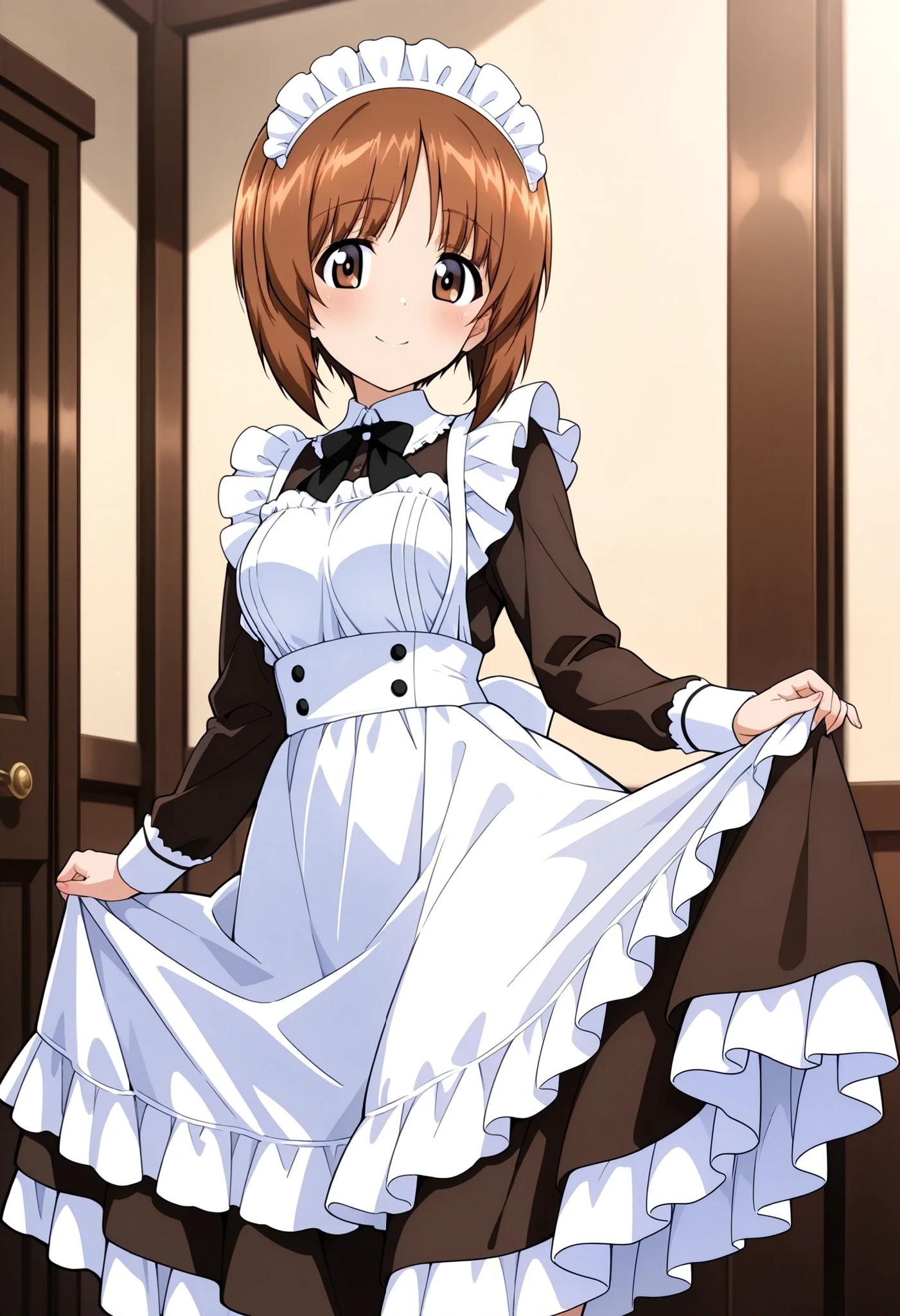 Best Quality, Good Quality, very beautiful,high resolution , high quality DVD、Standing、 one girl , alone、woman, Nishizumi Miho , beautiful brown eyes, Attractive brown eyes、 beautiful brown hair , bob cut、Victorian Maid Outfits、( Skirt Hold :1.2)