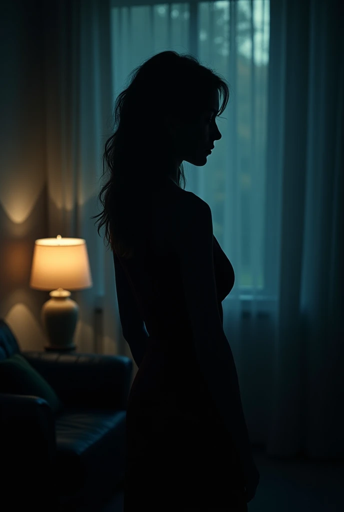  elle est nue. dans un lit noir avec une lumière d'ambiance bleu