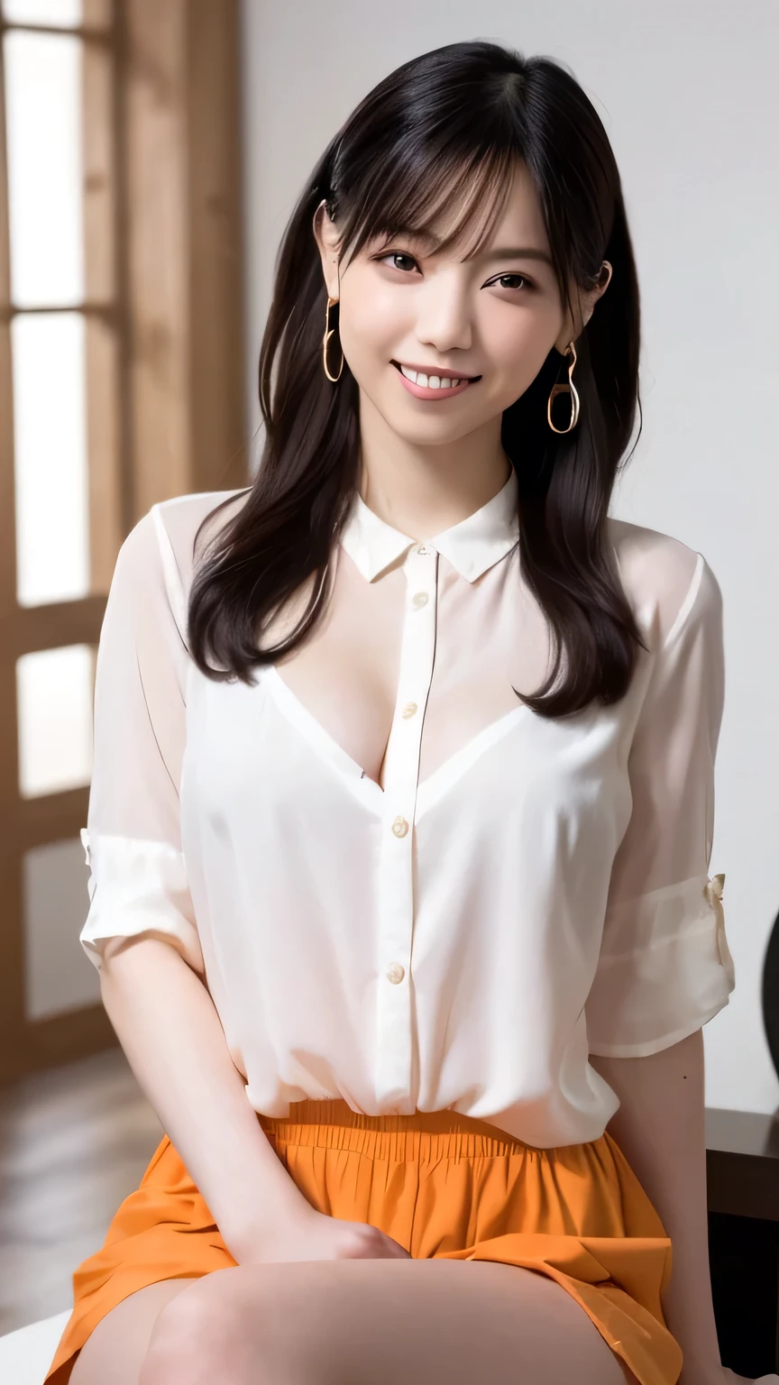(highest quality, debris flies, realistic pictures, Super detailed, ultra high resolution, to be born:1.3), (1 female, beautiful japanese actress, 25 years old), (shy smile), detailed face,Flashy makeup with red eyeshadow,Large ring earrings,light blonde delicate mid cut hair,the tips of the hair are wavy,Elegant hairstyle,fine eyes, Actress with slender figure,small breasts, white shirt,(mini skirt),white panties,
