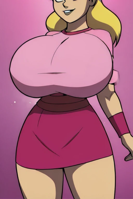 Damian Wayne(aka Robin/Son-of-Batman) transformed into a female pink-haired bimbo with gigantic breasts with erect nipples and thick lips and is dressed in a pink dress.