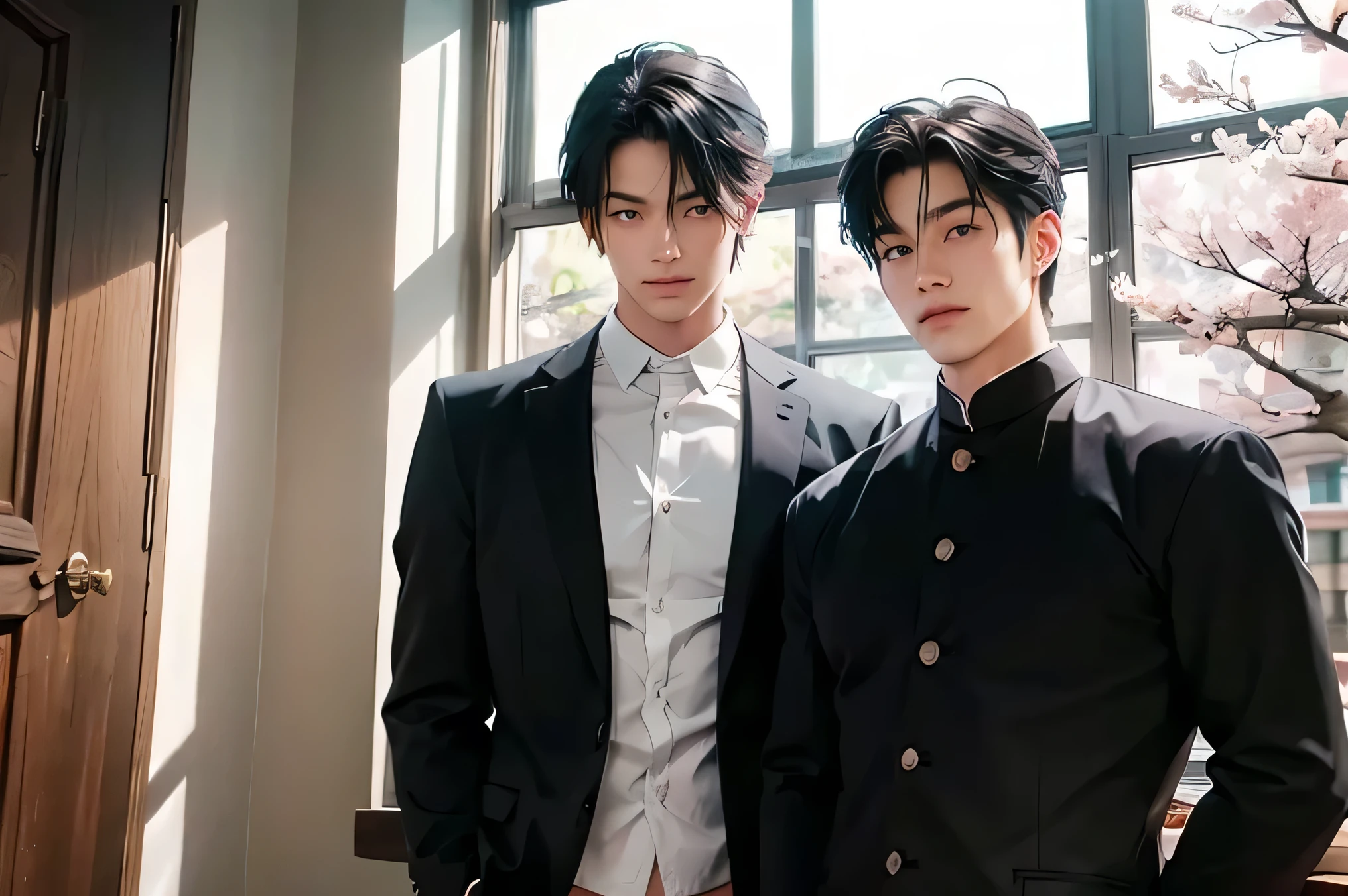 Two Japanese men　　handsome　　smile　Black school run　Cherry blossoms bloom outside the window 　　two stand side by side　　Black school runを着た二人 　 The upper body is a black long-sleeved dress　　　　　changing room　　white boxer briefs　　　In the middle of taking off pants 　　　　changing clothes　wide thigh opening
