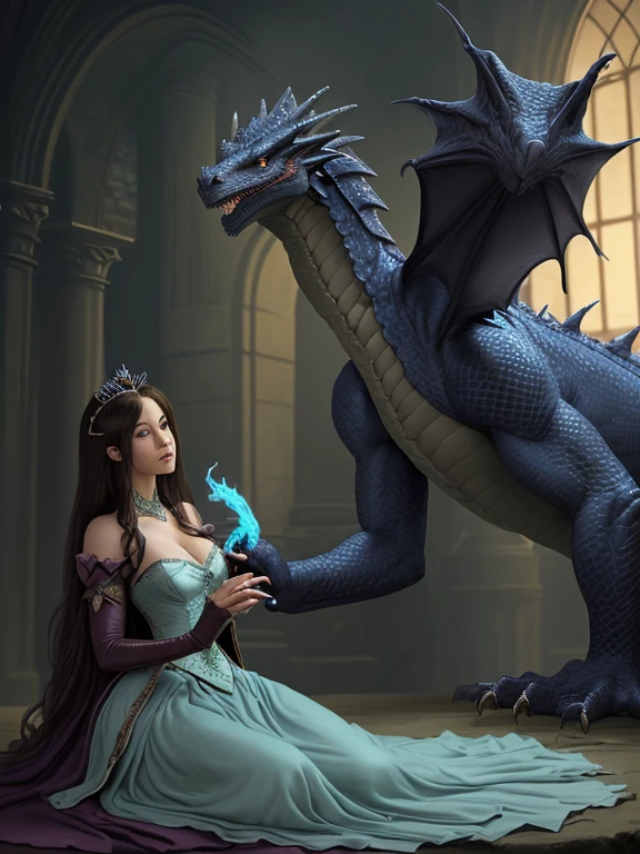 Ultra-realistic CG images、One beautiful princess with top quality details。(A detailed face、Princess in dress)、Powerful Dragon、It depicts snuggling up to a dragon、Face the Dragon。This picture depicts an epic love scene