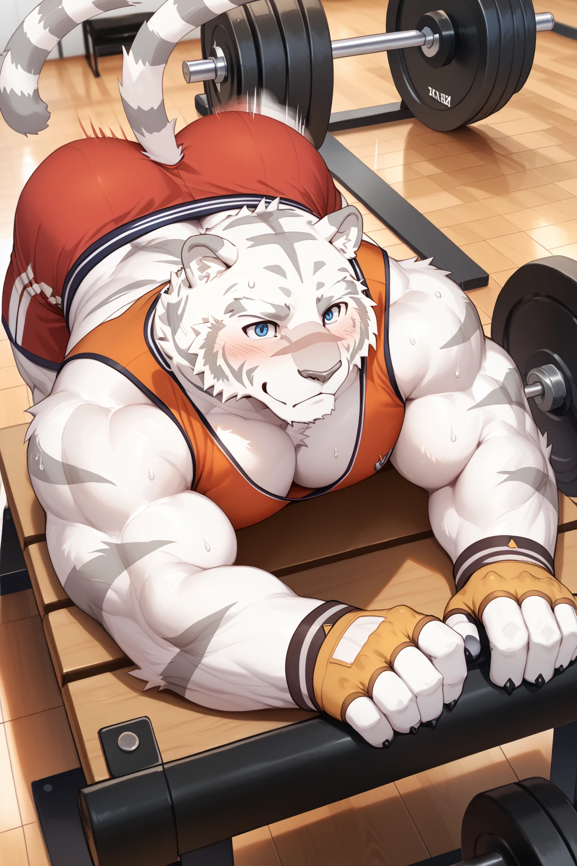 masterpiece, best quality, 8k resolution, Very detailed, hairy,(((polar bear)),(((Mature))),(((Strong))),(((White hair all over body))),portrait,(((White hair))),(((body blue stripes))),(((Gym))),For the audience,(((Holding a barbell))),Highest quality scene,Solitary,solitary,(((whole body))),(((Sweating))),(((Lying))),(((thong))),(((Shirtless))),((Fat-enclosed muscle)),(((Shameful))),((Blushing)),(((Round face))),(((alone))),((VR glasses)),(((Strong body))),(((Hip bulge)))