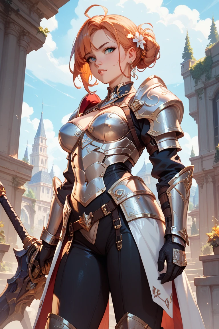 ((((masterpiece, Highest quality, High resolution)))), Extremely detailed 8K, 1 female, Wearing armor like a warrior, (Ultra HD, Very detailed, Very detailed, Very realistic, Ultra-realistic, Photo Real), (One person:1.5), (Realistic red hair), (Dynamic pose), To the camera, View your viewers, (Serious and calm face), (Normal black eyes, Sharp eyes), (Firm breasts:1.2), (Beautifully detailed face, Beautiful attention to detail), ((Armor damaged)), (Preparing for Battle), Sweat, Shine, (Sunbeam, sunlight), ((Cowboy Shot)), Battlefield Background, Fascinating, EnvyBetterHands LoCon,