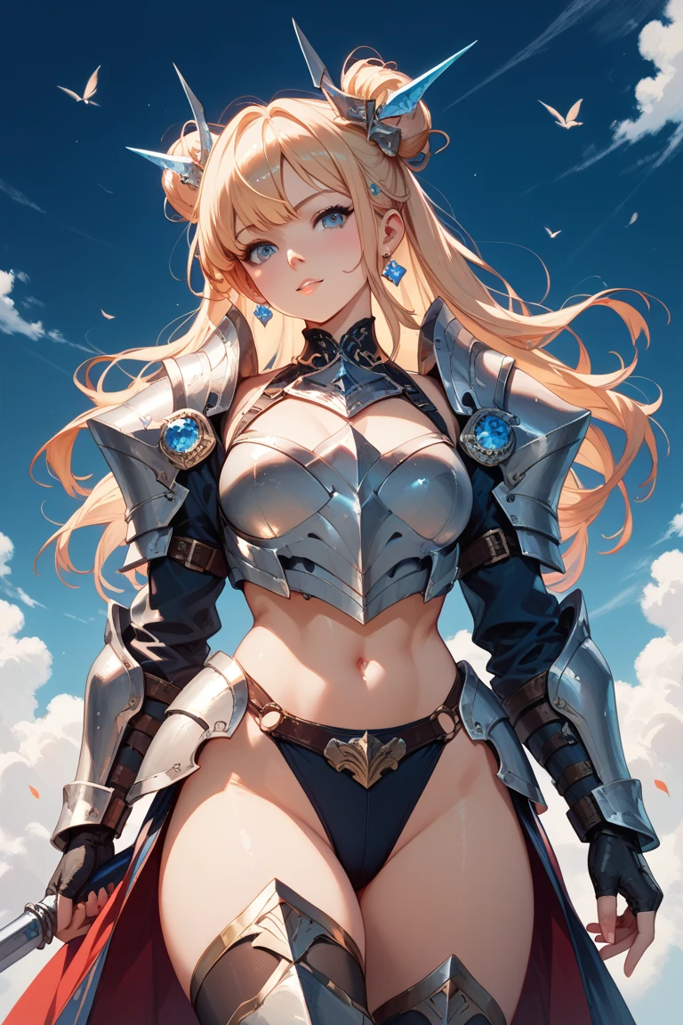 (Adult women:1.5)、Very detailed、highest quality、Best image quality、masterpiece、8k、Anime Face、A kind smile、Open your mouth、Sparkling blue eyes、(Blonde Wavy Hair:1.5)、、Muscles of the whole body、camisole、Thigh belt、mini skirt、(Wearing platinum bikini armor:1.5)、(Cowboy Shot:1.5)、(Leg armor:1.5)、(Wearing a helmet:1.5)