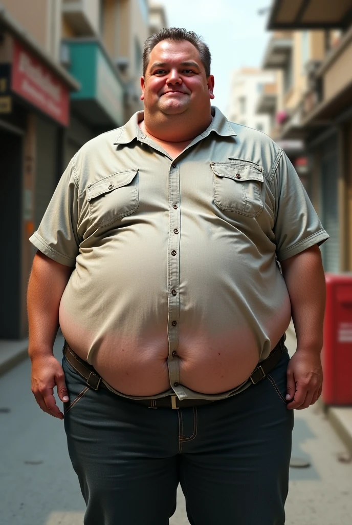 Obese male athlete,, black hair, whole body, Gray jeans