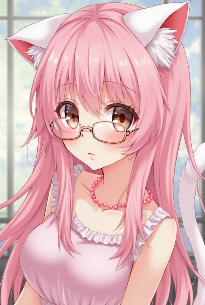 IMVU, pink hair, pink heart eyes, white round glasses, pale skin, white and pink cow ears, white horns with pink bows, fuzzy white jacket with pink spots, pink cowbell choker, kawaii, soft, high quality, masterpiece, 8k