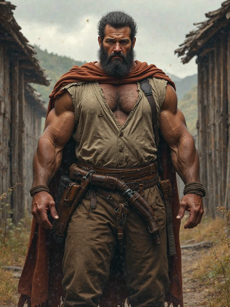 old angry saxon warrior soldier very long gray hair and big handlebar mustaches super heavy bodybuilder flexing his muscles A shirtless bodybuilder A full body obese bodybuilder with a very sweaty body An extremely muscular and extremely fat old man over 70 years old weighing more than 600 pounds Very muscular and very hairy with large flabby pecs with dark nipples and gynecomastia in a forest landscape with a waterfall wearing a long deerskin cape and a leather skirt .