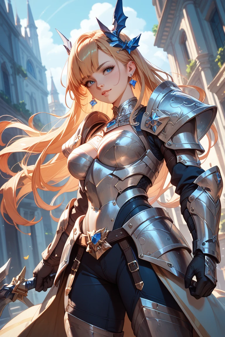 (high quality, High resolution, The finer details), Realistic, Fantasy, Bikini Armor, Detailed armor design, alone, Muscular woman, Sparkling eyes, (Detailed eyes), smile, blush, Sweat, Oily skin, Shallow depth of field