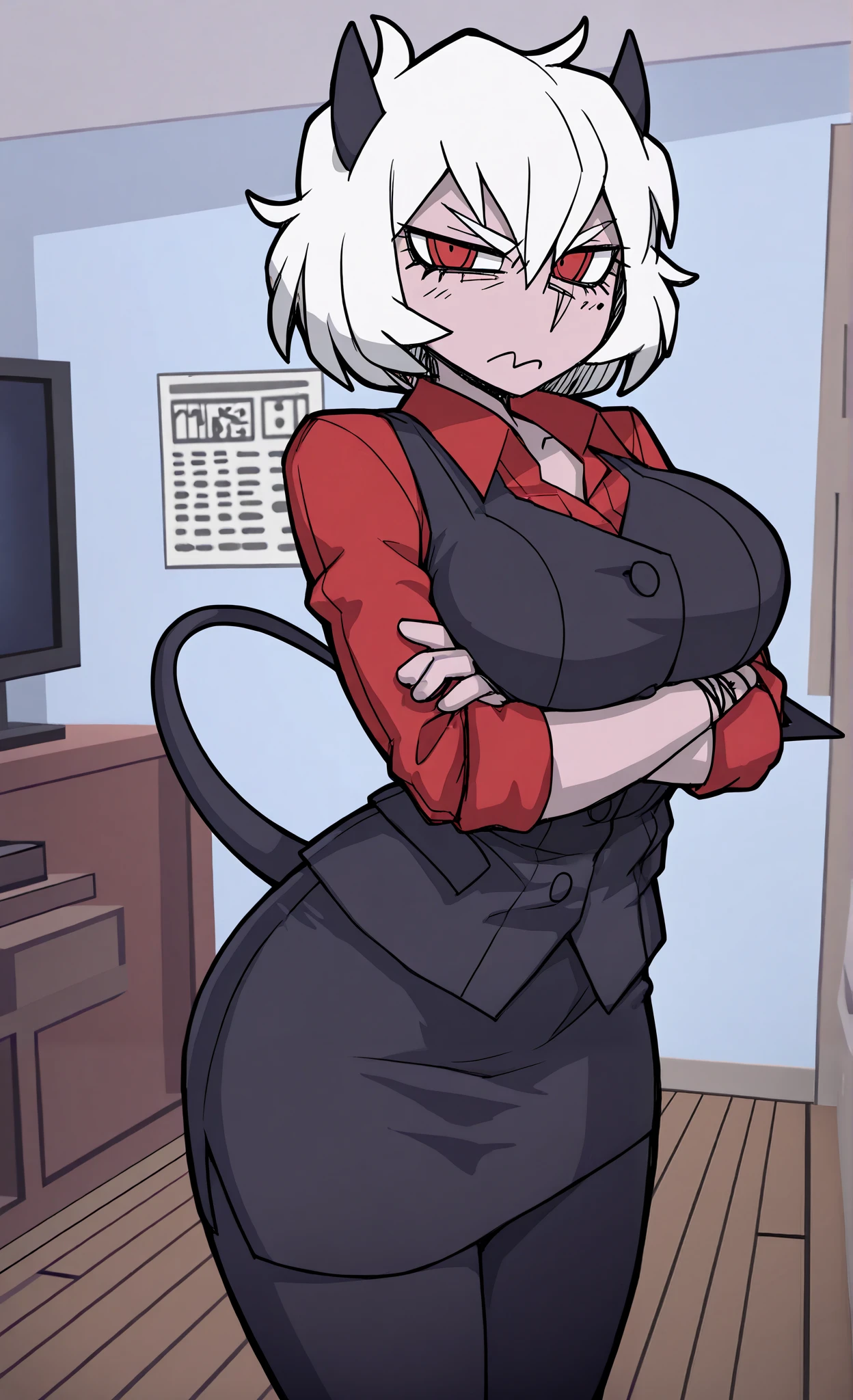 ((malina)), ((helltaker)), ((masterpiece)), ((high resolution)), ((solo portrait)), {(attractive figure), (pale skin), (beautiful legs), (short white hair), (demon horns), (demon tail), (cute red eyes), (short eyelashes), (annoyed look)}, {(red tee shirt), (black vest), (black pencil skirt), (opaque pantyhose)}, {(standing), (crossed arms), (looking at viewer)}, ((living room)), ((light blue walls)), ((wood floor)),