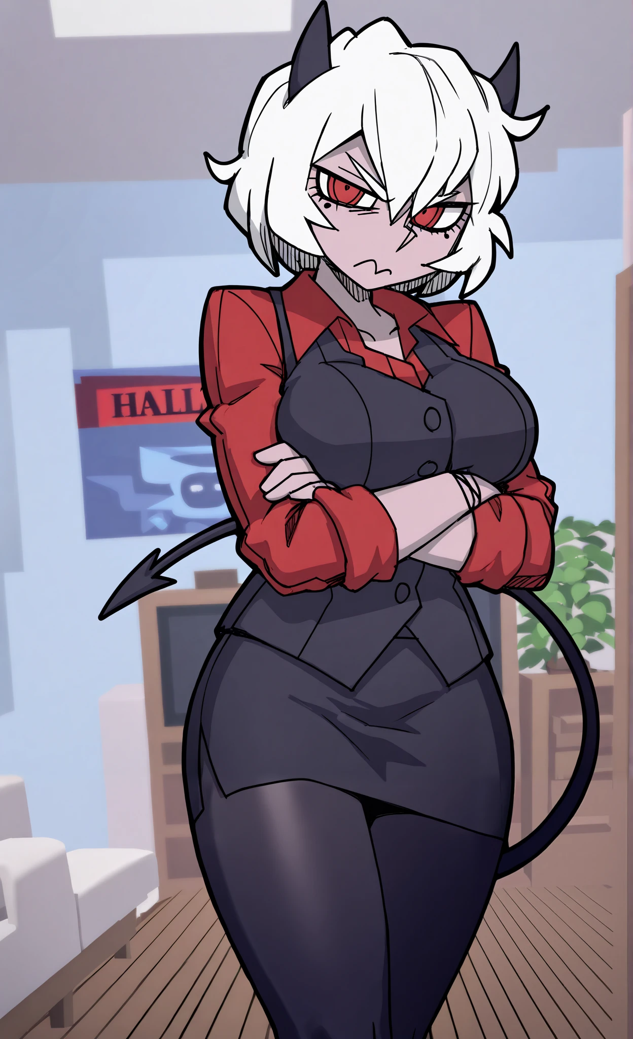 ((malina)), ((helltaker)), ((masterpiece)), ((high resolution)), ((solo portrait)), {(attractive figure), (pale skin), (beautiful legs), (short white hair), (demon horns), (demon tail), (cute red eyes), (short eyelashes), (annoyed look)}, {(red tee shirt), (black vest), (black pencil skirt), (opaque pantyhose)}, {(standing), (crossed arms), (looking at viewer)}, ((living room)), ((light blue walls)), ((wood floor)),