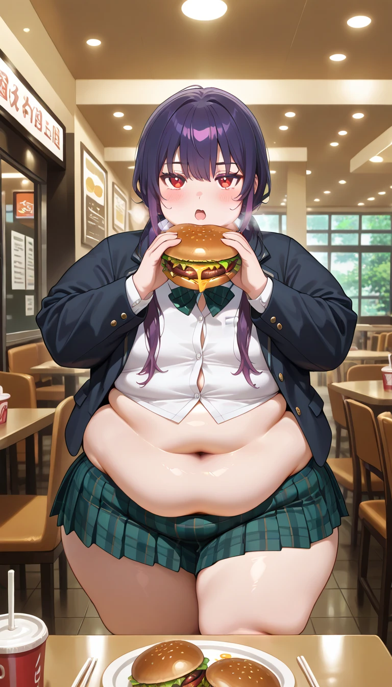 anime style, male focus, solo male, blushing, aroused, sitting in booth, eating food, stuffed belly, large belly, round belly, belly squished against table, long black hair, green eyes, unbuttoned pants, erection, pants bulge, shirt riding up belly, weight gain sequence, skinny to fat, lewd, lots of food, aroused by eating, prominent belly, thick thighs, sitting upright, belly spilling onto lap, tight squeeze, at a restaurant, lustful, buttoned shirt, popping buttons, bloated, moaning, burping, table, belly squishing against table, round glasses, look at camera, flirtatious expression