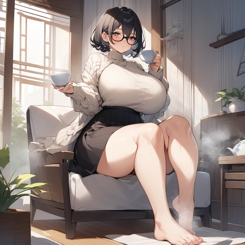 (highres, high quality:1.3), intricate details, cinematic lighting, ambient occlusion,
KuroseKatsuko, 1girl, solo, mature female, full body, looking at viewer, sitting, indian style, on zabuton, complex background, indoors, east asian architecture, room, complex background,
serious, blush, open mouth,
brown hair, short hair, blunt bang, hair bun, ribbon, makeup, lipstick, eyelashes, brown eyes, detailed eyes, glasses, perfect face,
white shirt, black pantyhose, panties,
huge breasts, curvy, chubby, thighs,
<lora:KuroseKatsuko:0.85>