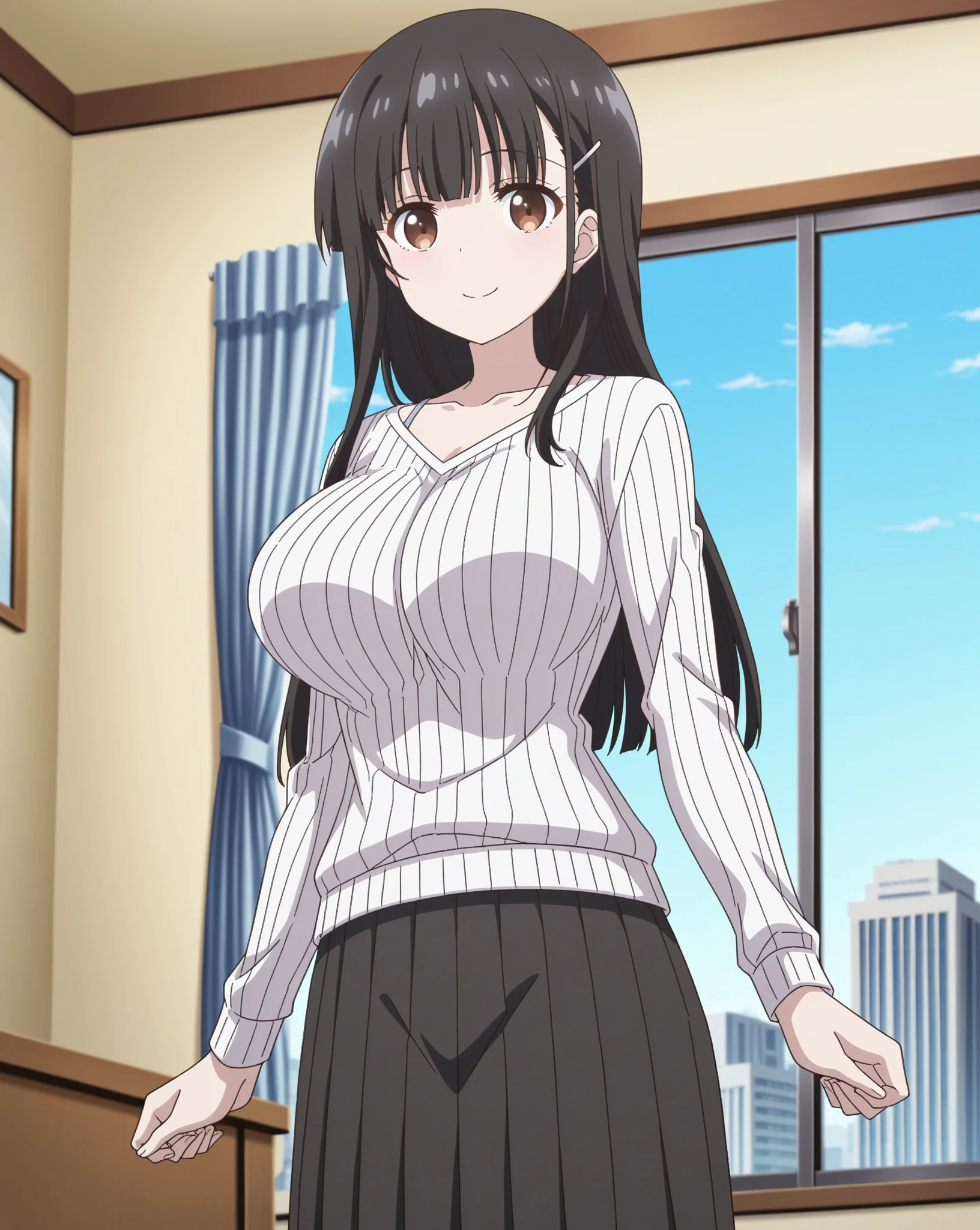 masterpiece,highest quality,High resolution,Very detailed,yes,Long Hair,Braiding,Twin tails,Hair between the eyes,Hair Ribbon,hair ornaments,Big Breasts,(Yellow off-the-shoulder pajamas with white sleeves:1.2),bed,Surprised expression,With her legs open, her pink panties are visible,No pants,Sweat,Wet,Red Eyes、Open your mouth a little、The face blushes、Beautiful eyes