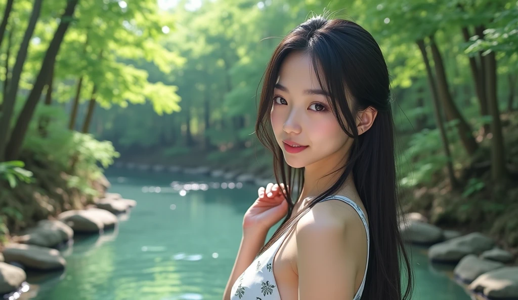 2girl, (elegant face), beautiful, cleavage, (cute bikini:1.2), A gentle smile, (Best Quality:1.4), 8K resolution, High resolution, Ultra High Definition, Superior Quality, Premier Quality, ultra detailed, Photorealistic, RAW Photos, highest quality, masterpiece, professional photography, Realistic portrait, Beautiful detailed, Outdoors, open-air baths, (forests, hot springs:1.2), Rock open-air bath, rocks, trees, plants, Sunbeams filtering through the trees, (Close up portrait of girl:1.2), (Fine face:1.2),