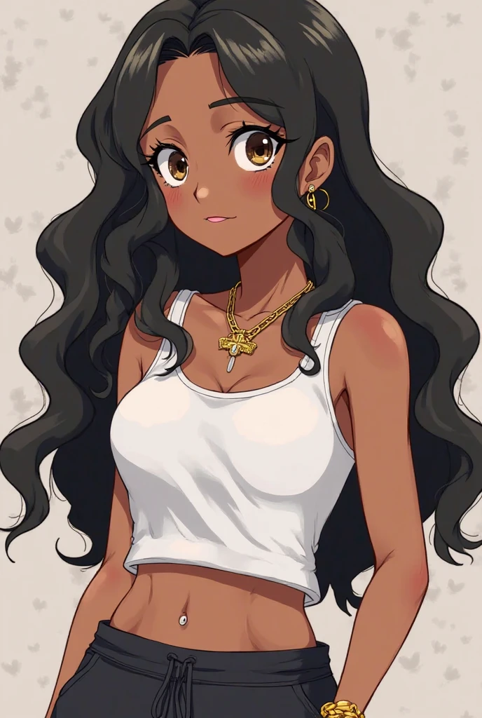One girl, tanned, black hair, straight hair, light green eyes, eyelashes, retrato, golden hoop earrings, small breasts