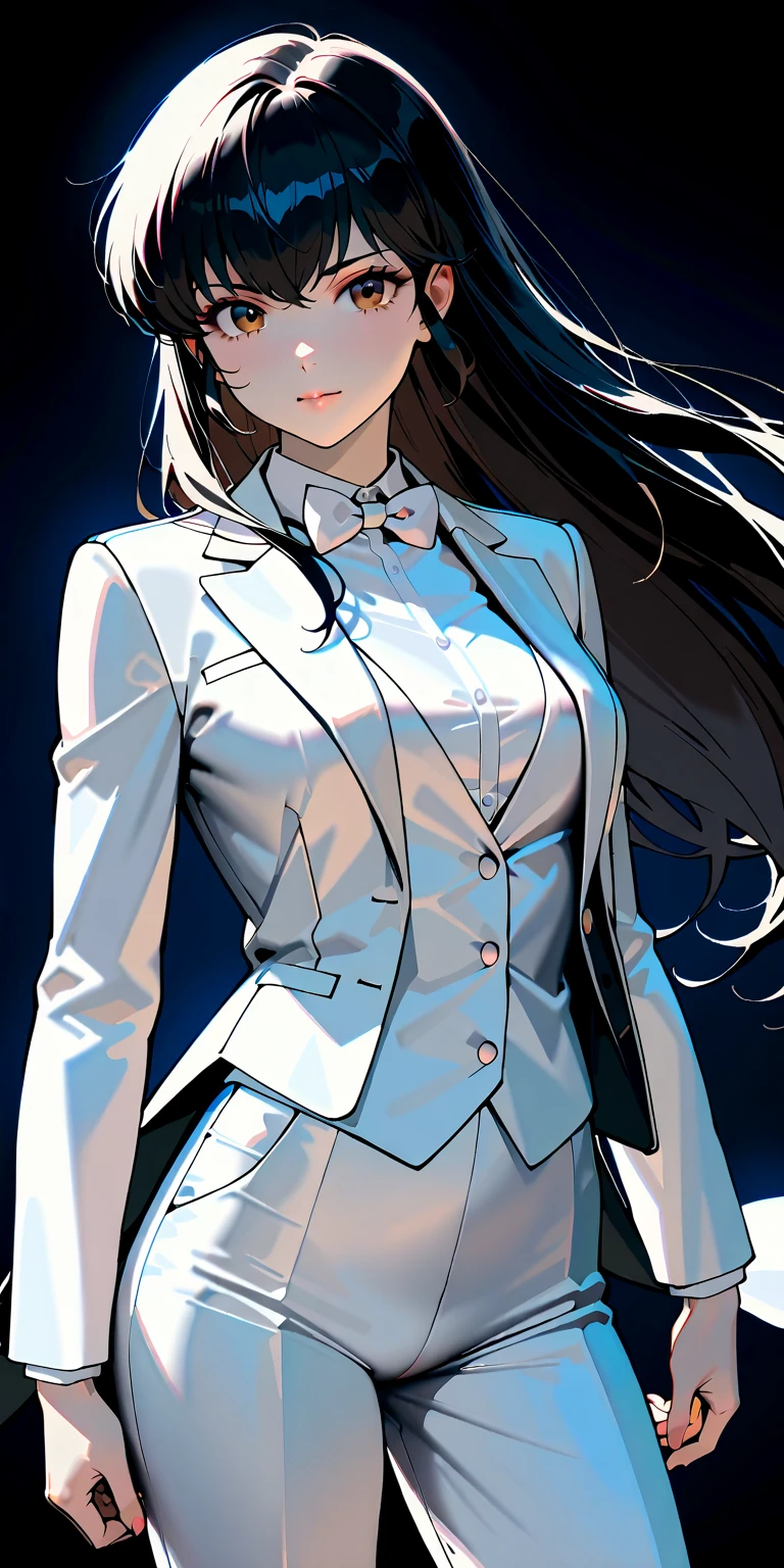 1 girl, 23 years old, long black hair, handsome face, business suit, red tie,long black pants, black leather gloves, boxing stance, punching,high quality, masterpiece